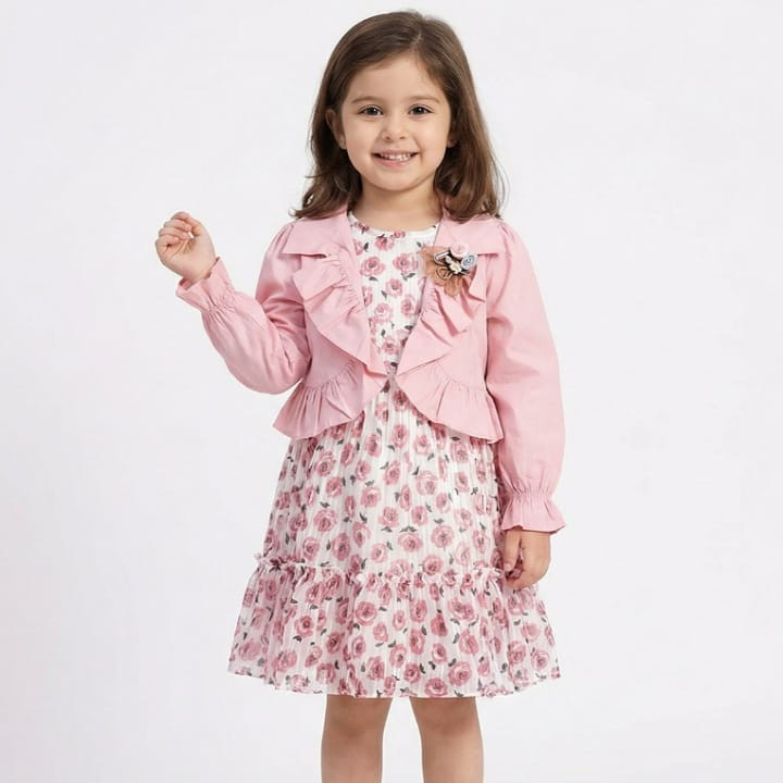 Girls Layered Floral Print Chiffon Dress with Frilly Jacket (2-5Y)