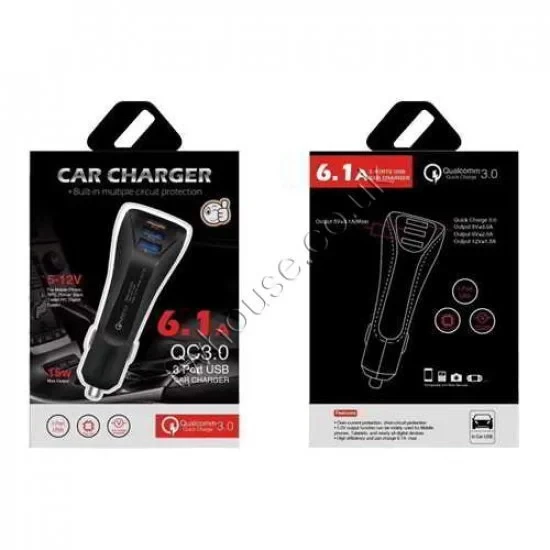 3 Port USB 6.1A QC 3.0 Car Charger (Black)