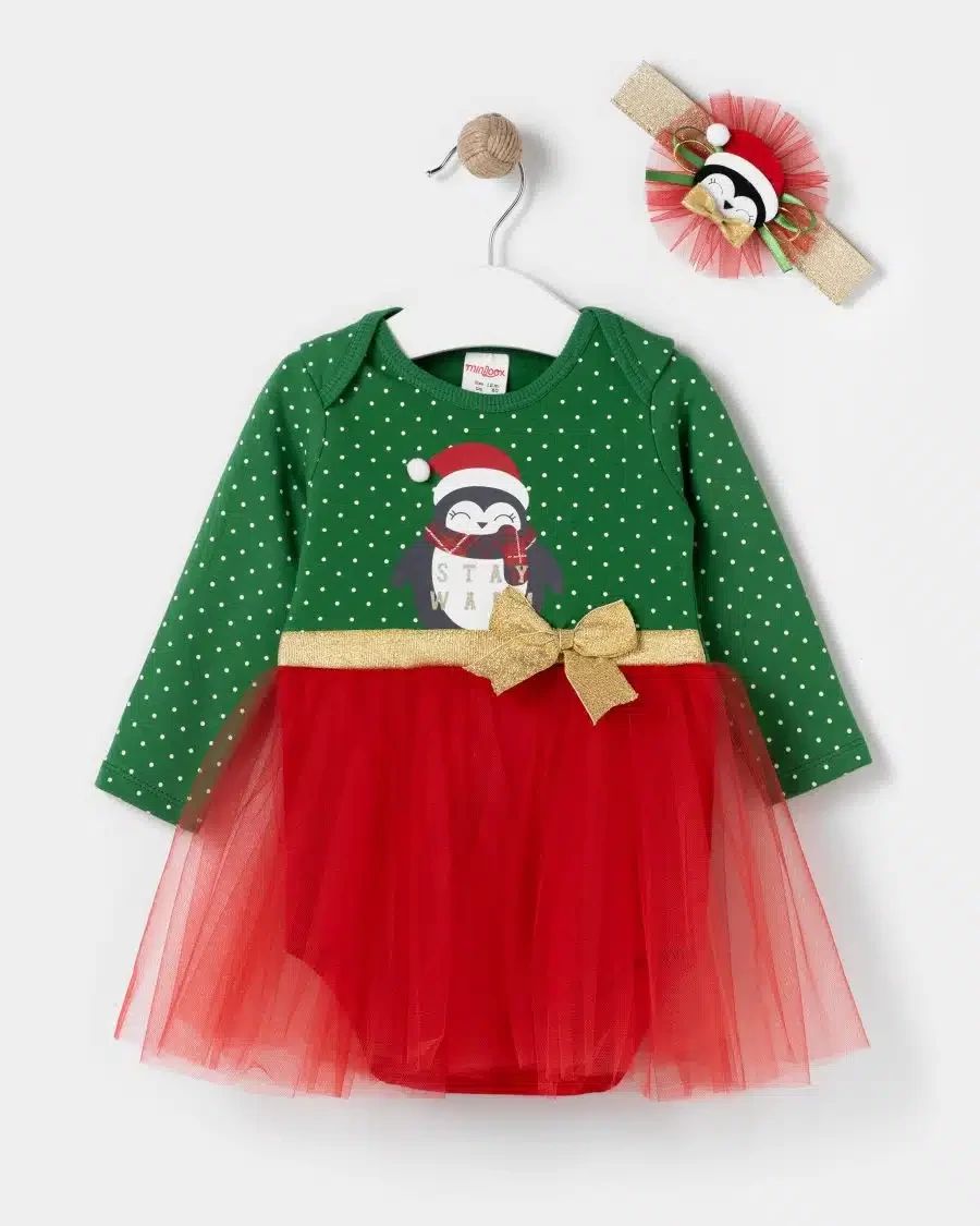 Baby Girls Polka Dot Penguin Romper Christmas Dress & Headband (6-18M)