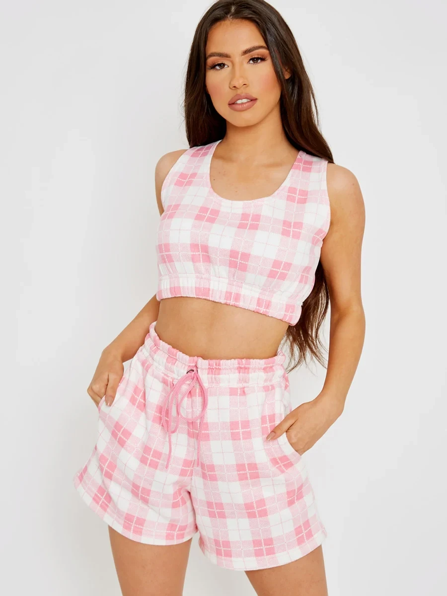 CHECKED CROP TOP & SHORTS FLEECE CO-ORD