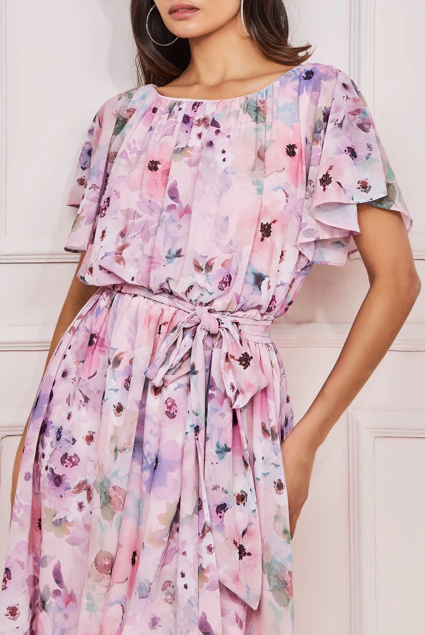 CITY GODDESS WRAP BACK FLUTTER SLEEVE MIDI DRESS