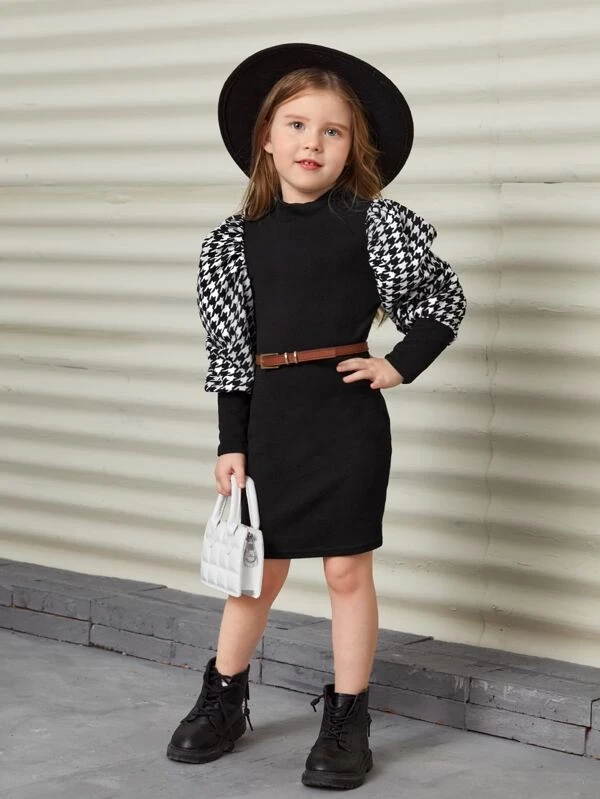 Toddler Girls Houndstooth Gigot Sleeve Mock Neck Dress Without Belt