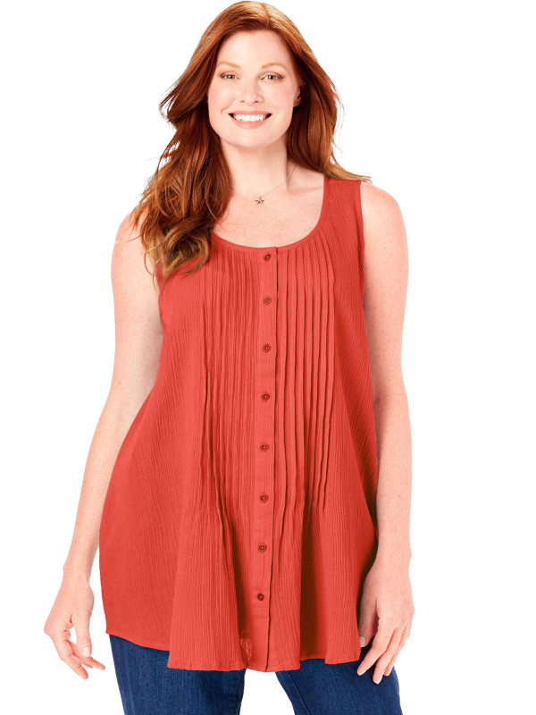 ORANGE Sleeveless Pintuck Gauze Shirt
