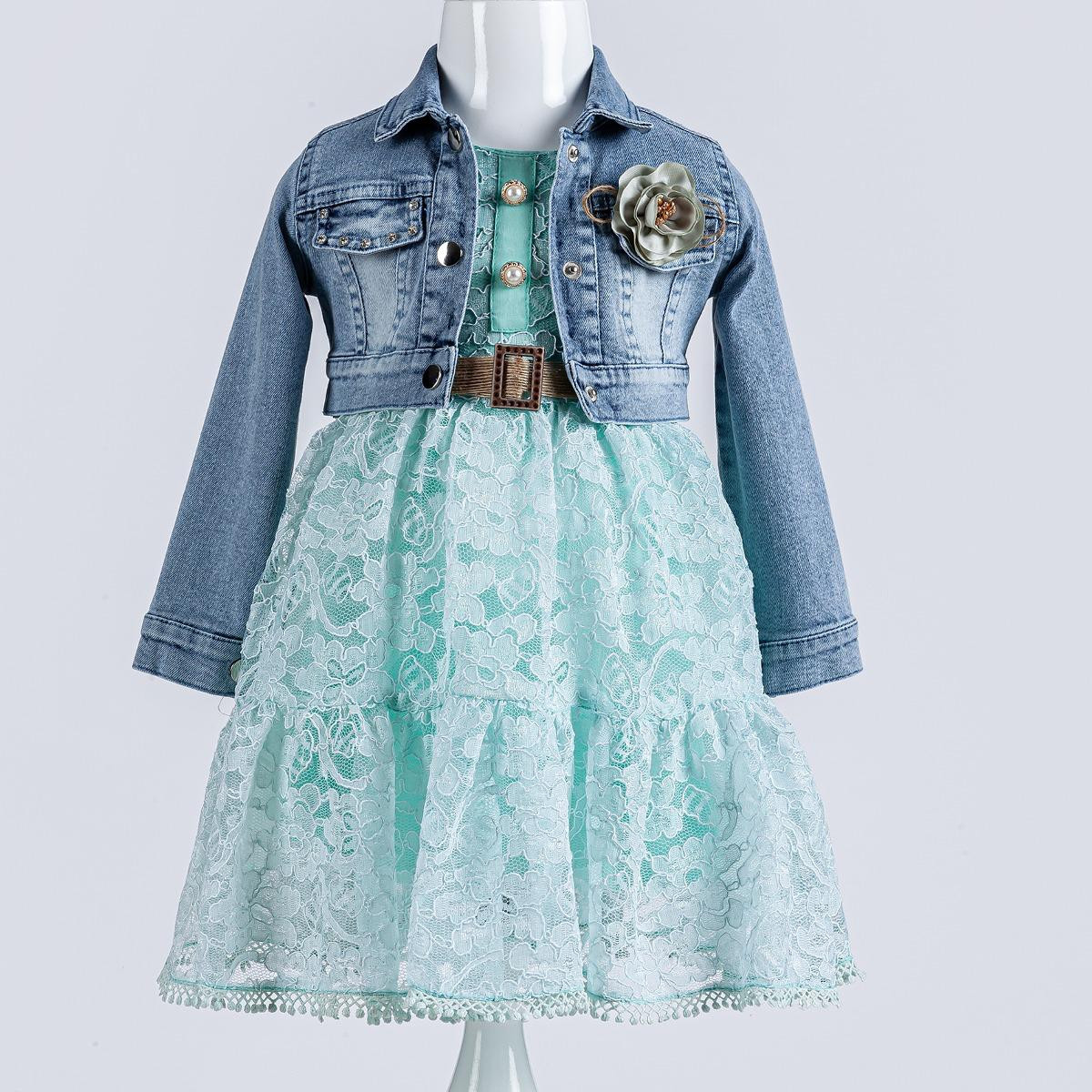 Girls Floral Embossed Layered Net Dress & Diamante Denim Jacket Set (2-5Y)