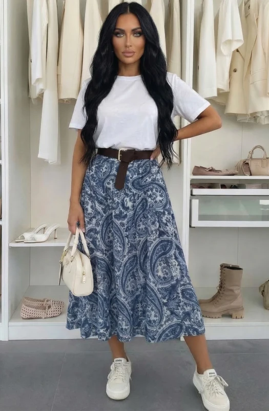 HARLENE PAISLEY ELASTICATED WAIST MIDI SKIRT-BLUE