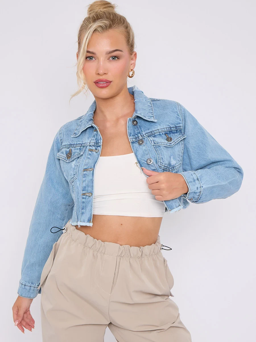 DISTRESSED CROPPED DENIM JACKET WITH POCKETS