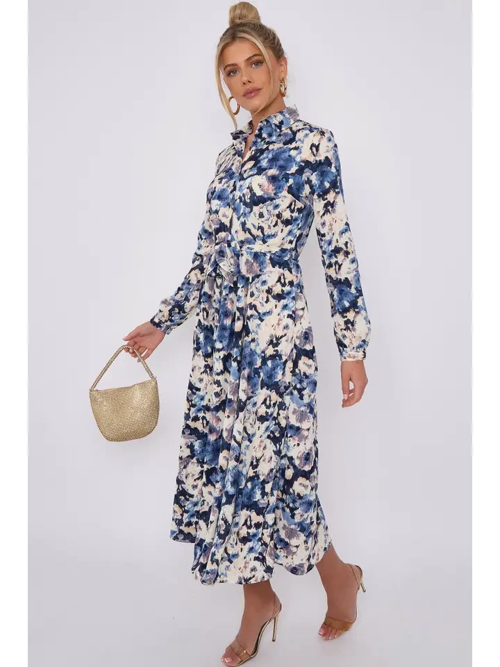 Blue Floral Print Long Sleeve Midaxi Shirt Dress