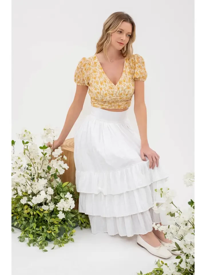 Floral Plisse V Neck Back Tie Crop Top