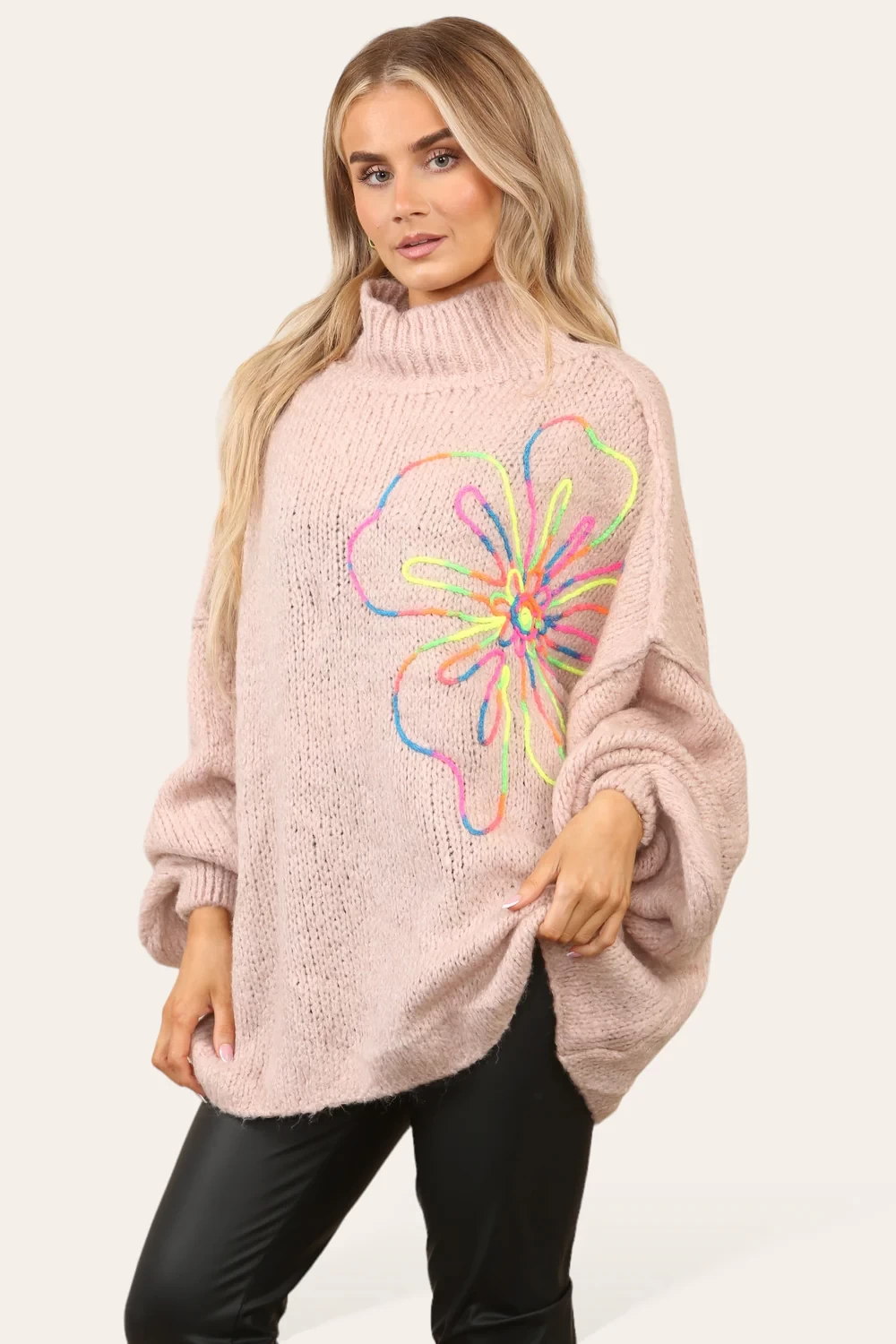 EMBROIDERED FLOWER KNIT OVERSIZED JUMPER