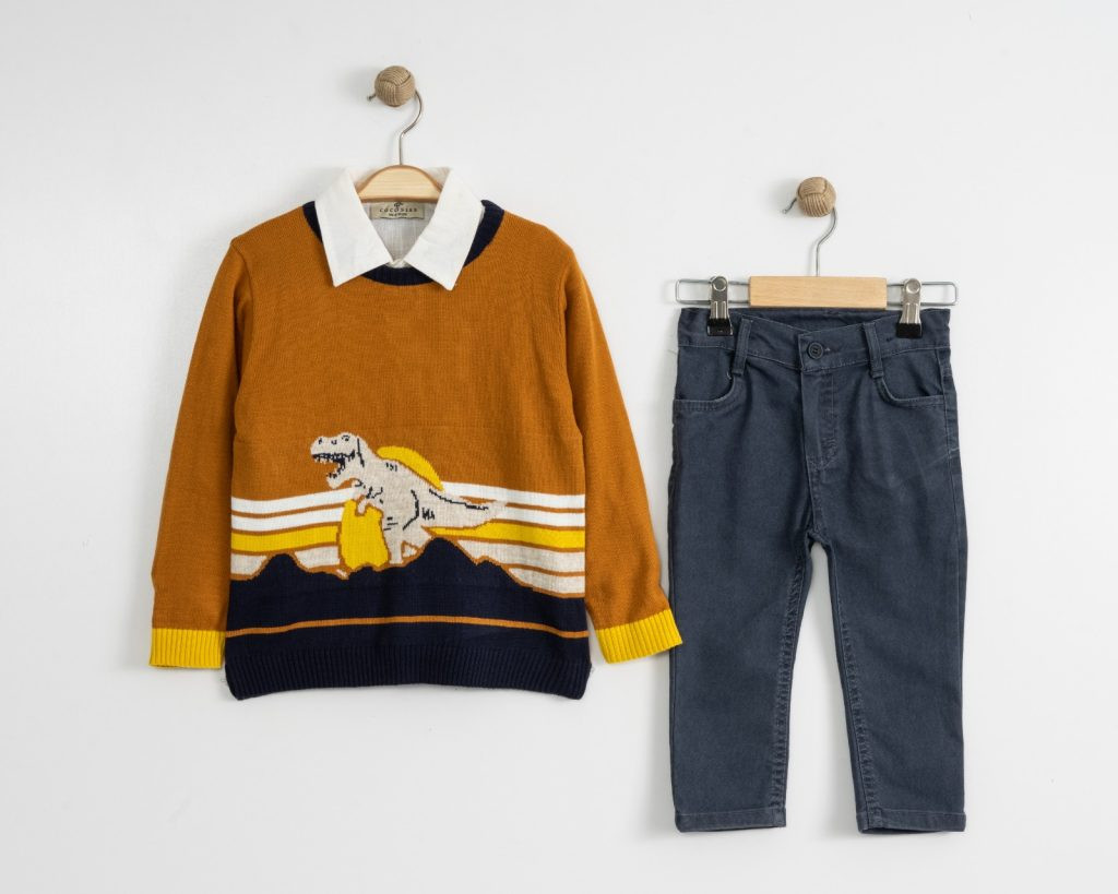 Boys Three Piece Knitted Dinosaur Jumper, Shirt & Chinos Set (2-5Y)