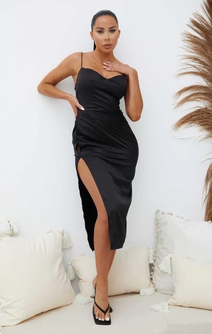 Black Satin Ruched Side Slit Strappy Bodycon Midi Dress - Zi