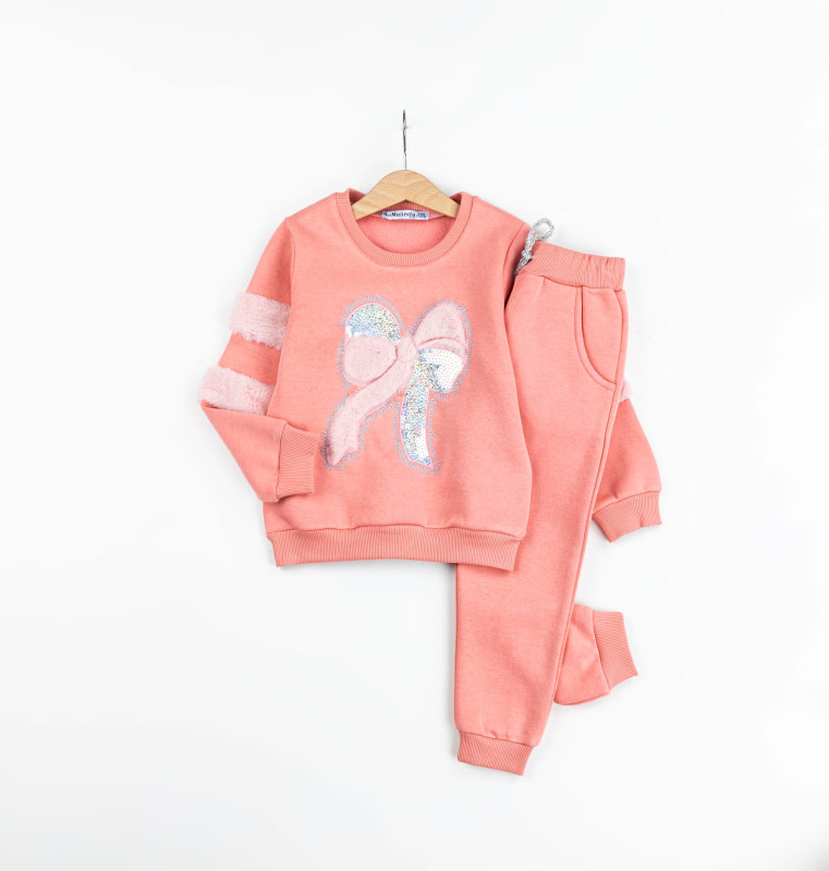 Girls Two Piece Sequin Bow Fur Trim Loungewear Set (3-7Y)