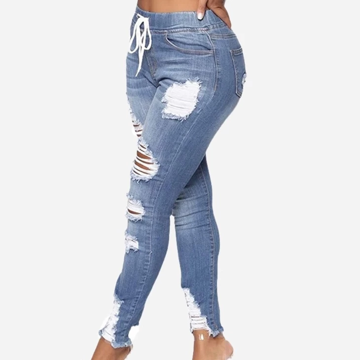 Elastic Waist Ripped Skinny Jeans