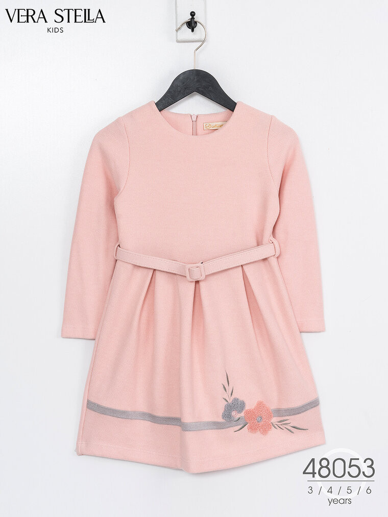 Girls Full Sleeve Flower Embossed Wooly Belt Dress