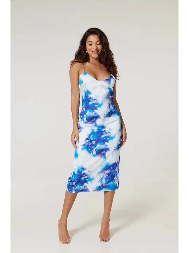 Yasmina Slip Dress in Recycled Satin Lagoon Punch Print