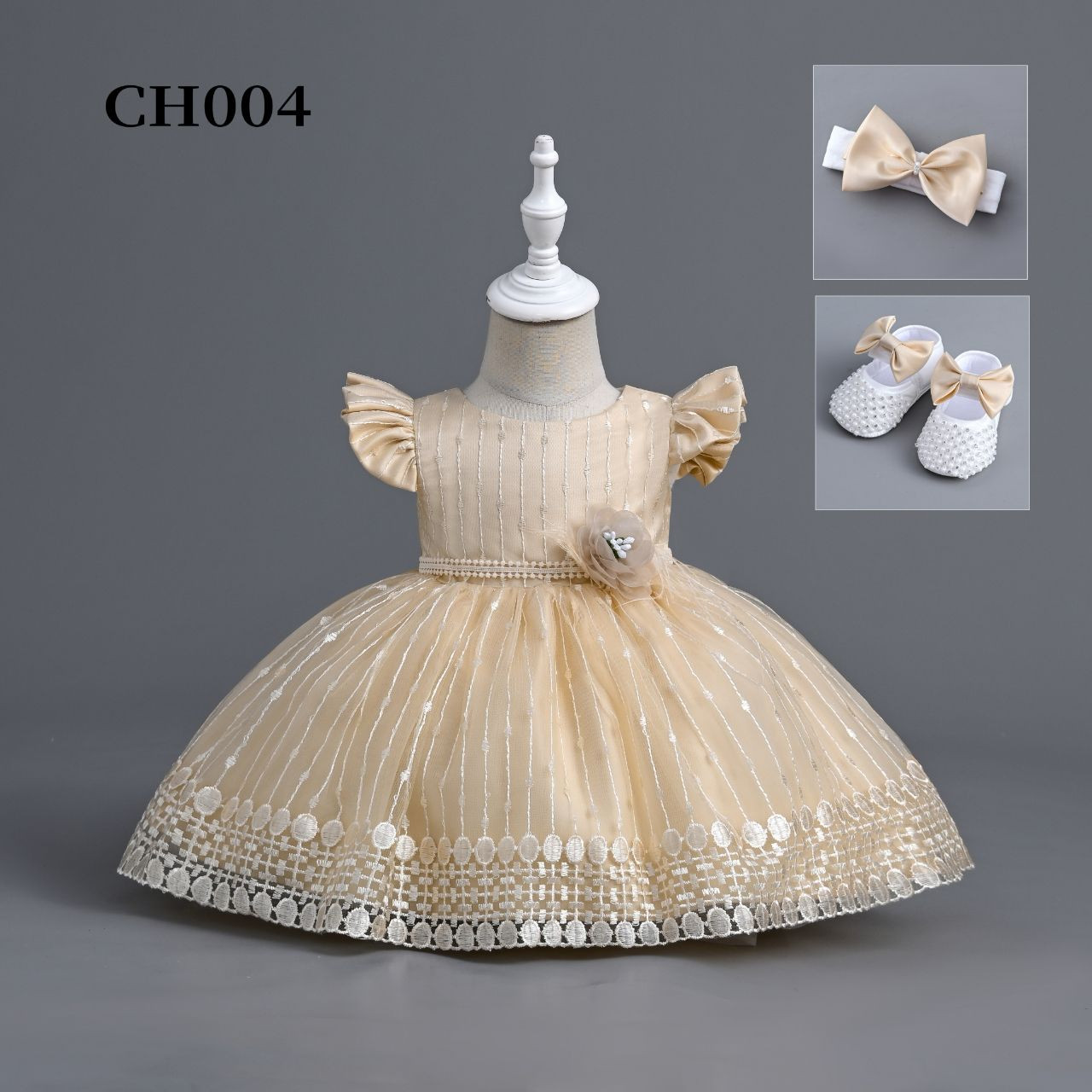 Baby Girls Embroidered Flower Frilly Sleeve Party Dress with Shoes and Headband (6-24M) - BEIGE