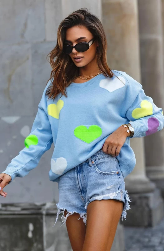 MABEL HEART PRINTED KNITTED JUMPER SWEATER TOP-BLUE