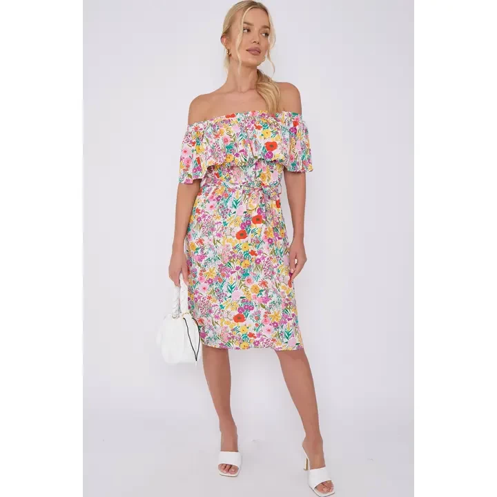 White Floral Print Bardot Mini Dress