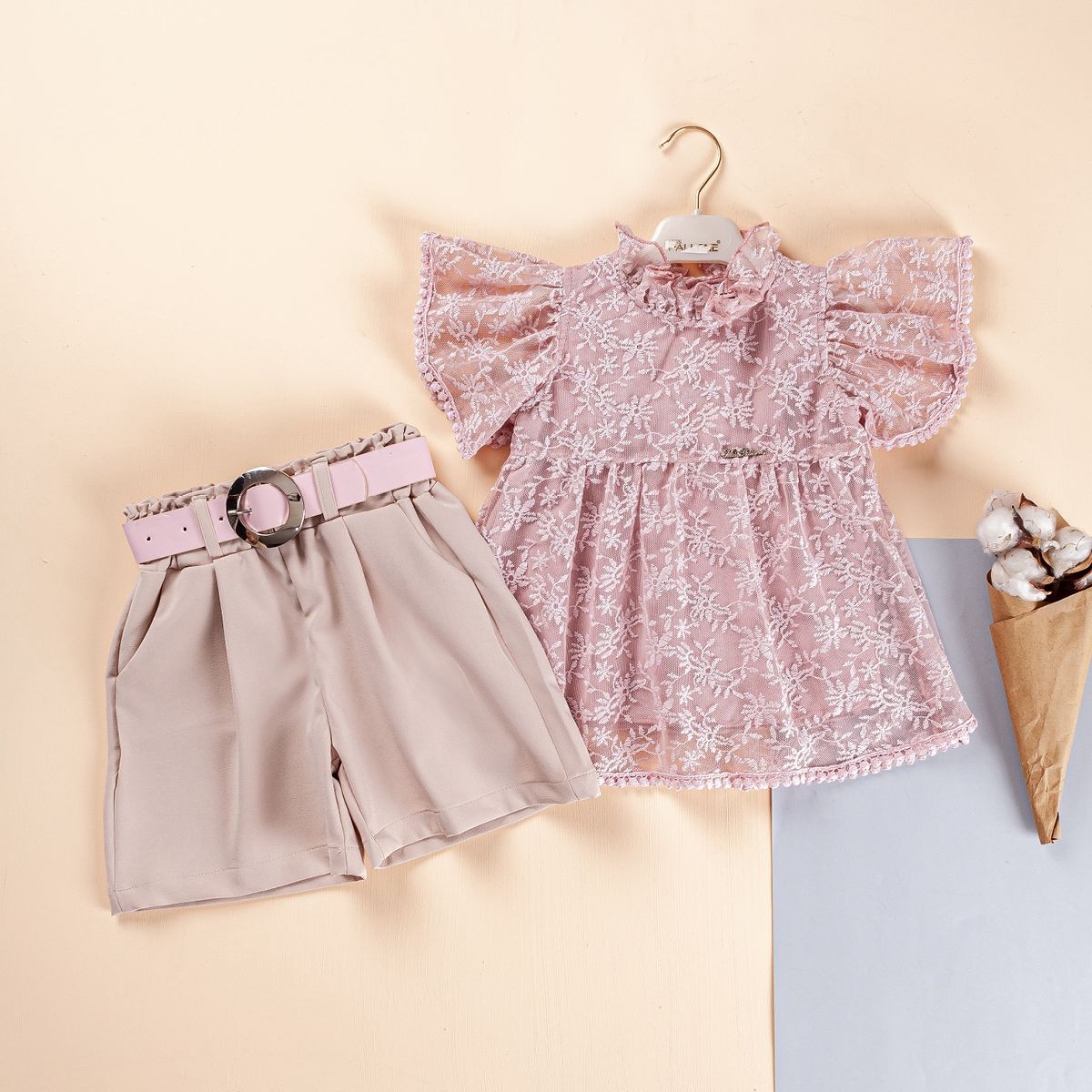 Girls Floral Lace Top & Shorts Set with Belt (2-5Y)