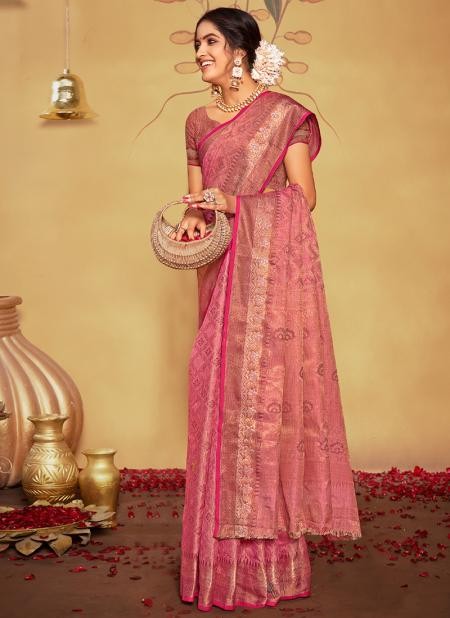 Party Wear Peach Weaving Work Banarasi Silk Saree