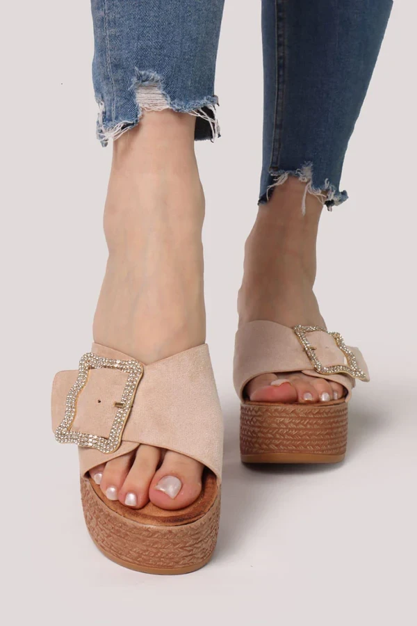 Rhinestone Buckle Wedge Slider