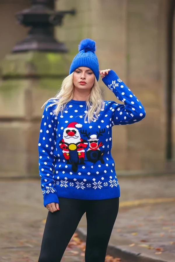 Santa On Bike Pattern XMAS Ribbed Jumper