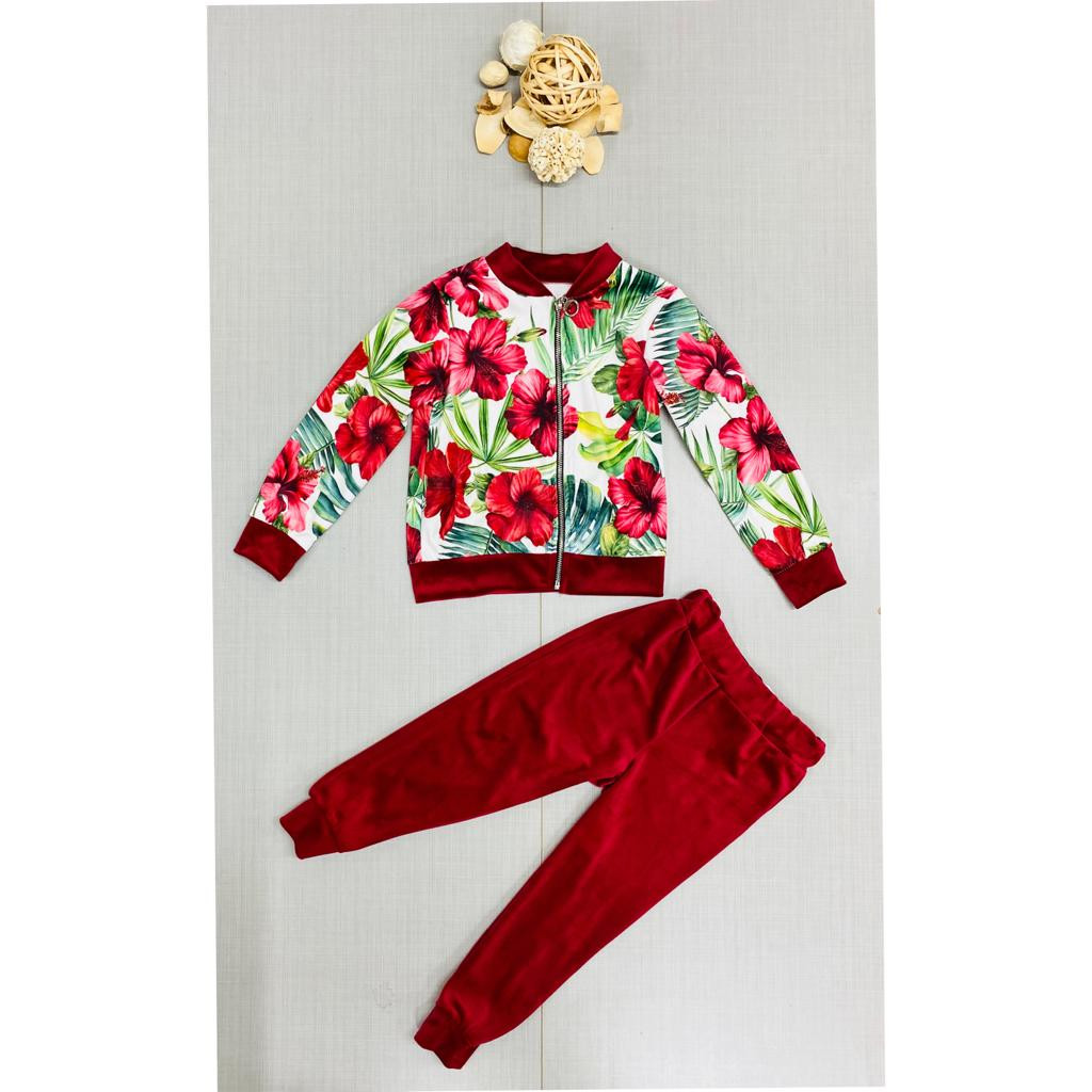 Girls Two Piece Floral Print Zip Velvet Loungewear Set (4-14Y)