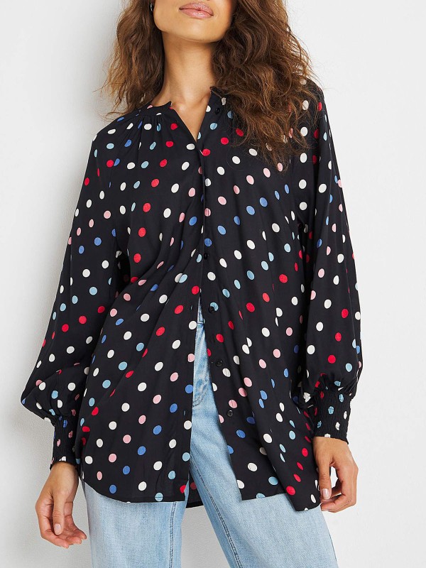 Mixed Spot Shirred Cuff Collarless Viscose Blouse