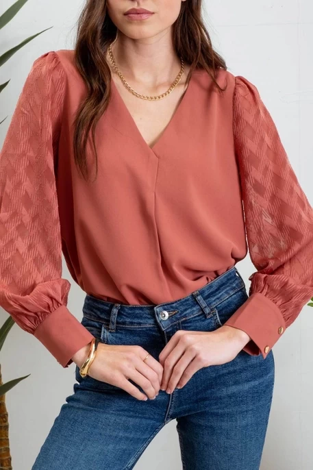 V Neck Back Buttoned Sheer Plaid Long Sleeve Blouse