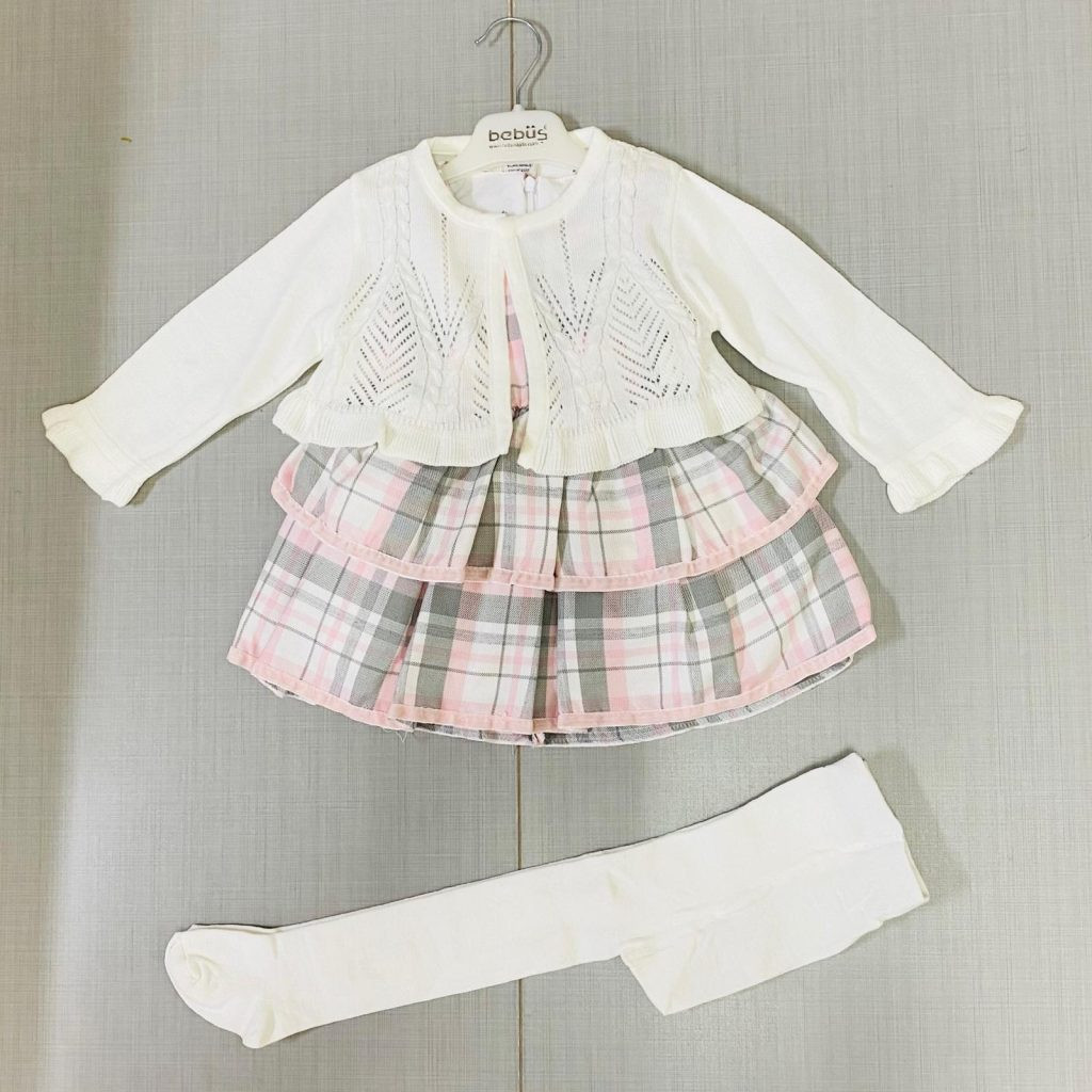 Baby Girls Three Piece Tartan Layered Dress & Knitted Cardigan Set with Tights (12-36M)