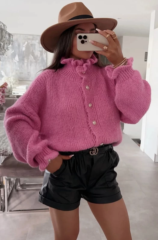 KASSIE OVERSIZED FRILL KNITTED CARDIGAN-PINK