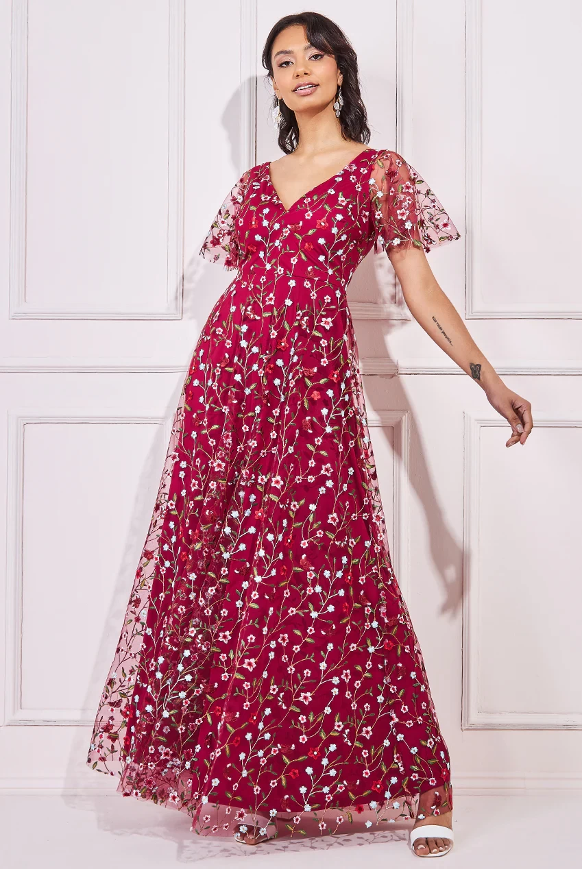 GODDIVA FLUTTER SLEEVE EMBROIDERED MAXI DRESS