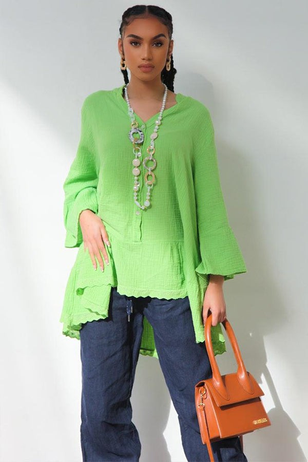 Notch Neck Frill Hem Top