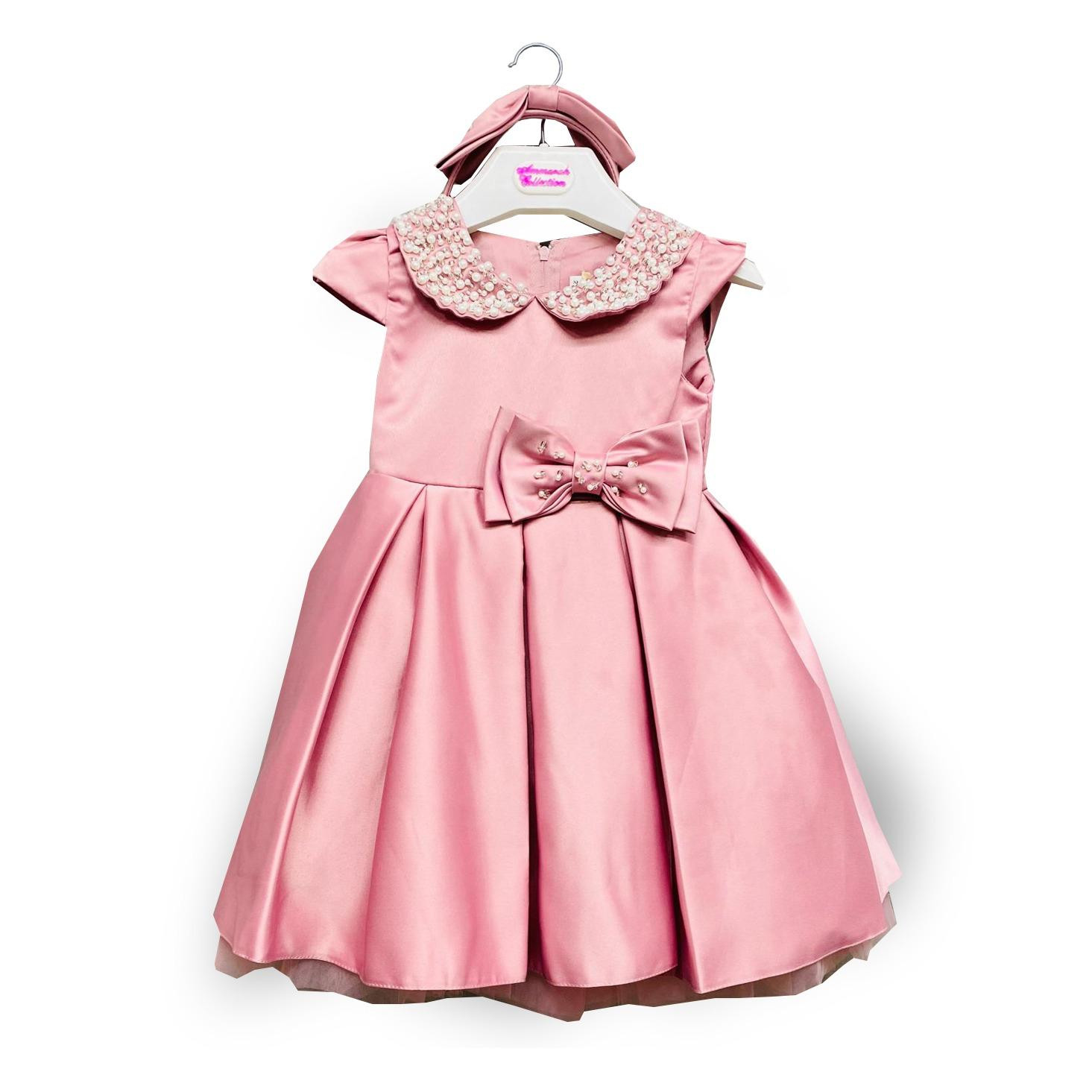 Girls Pearl Collar Pleated Party Dress with Headband (2-9Y)
