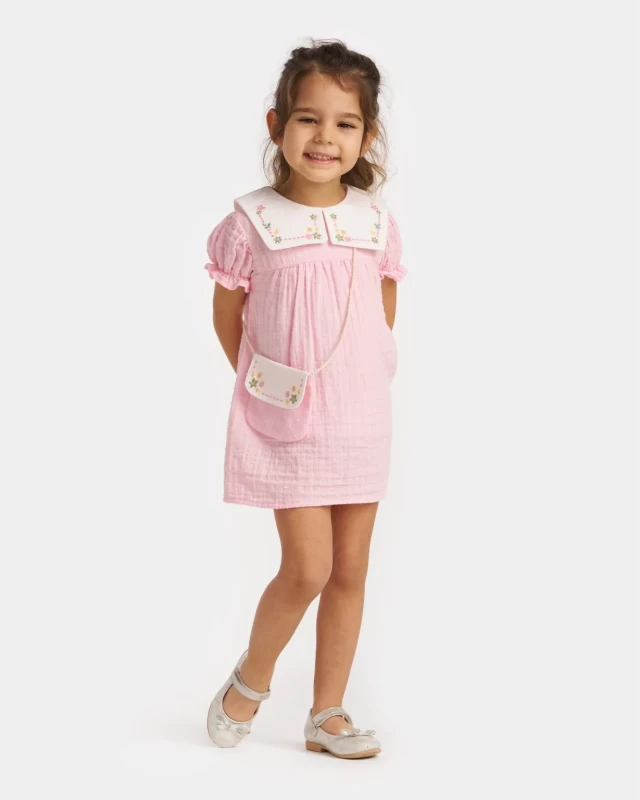 Baby Girls Embossed Embroidered Dress with Purse (9-24M)