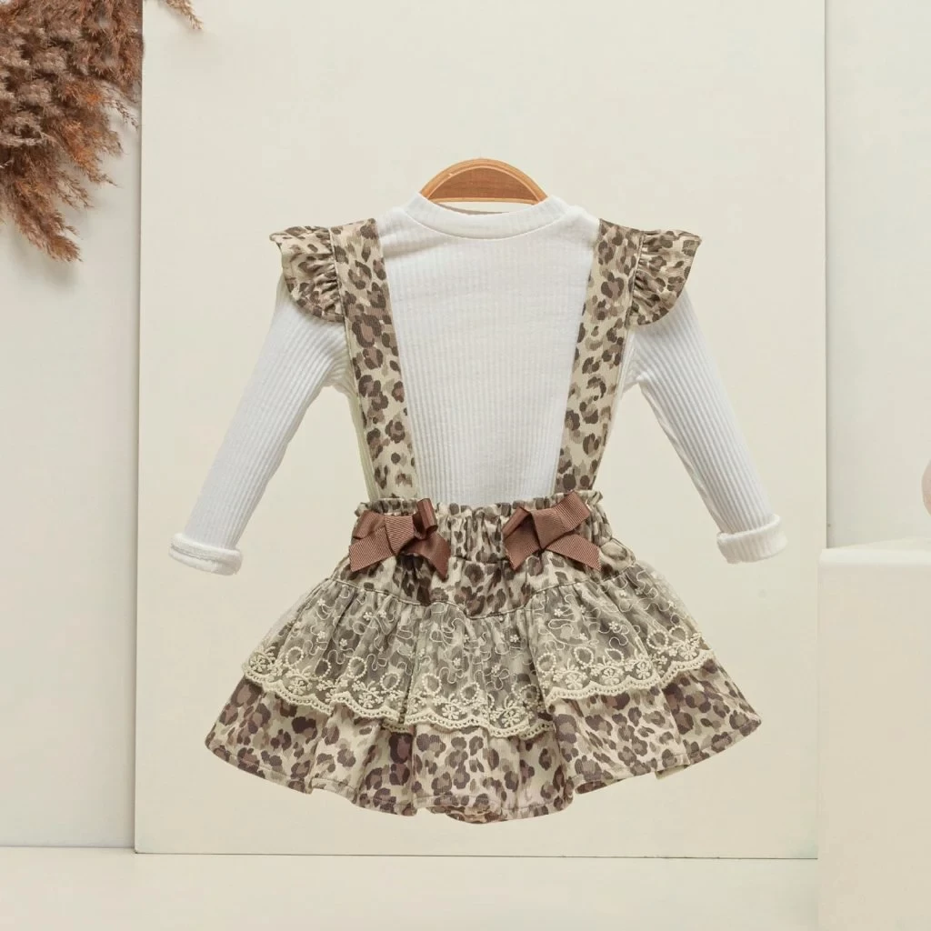 Baby Girls Two Piece Layered Leopard Bow Spanish Dress Set (6-18M)