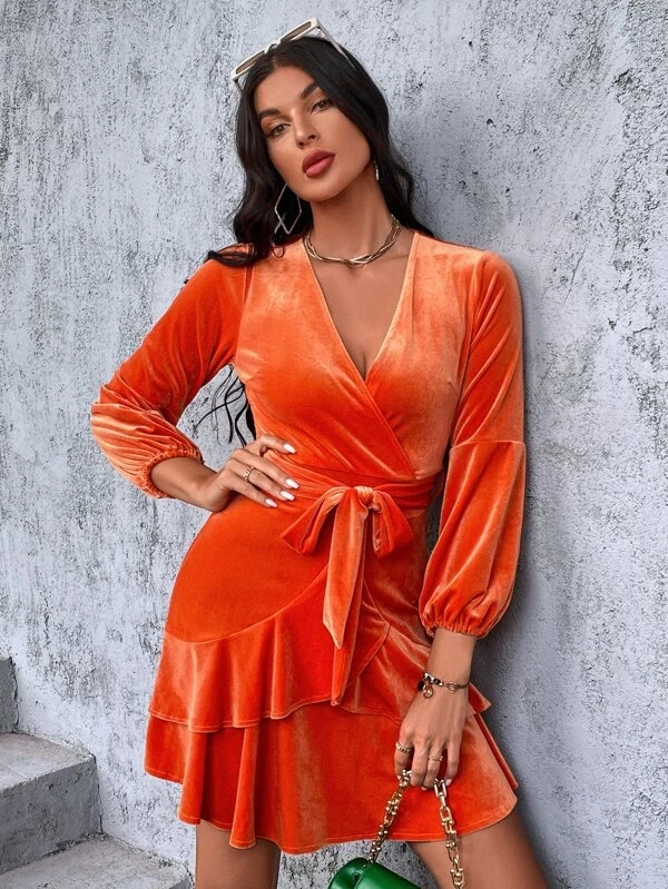 Surplice Neck Layered Hem Belted Dress