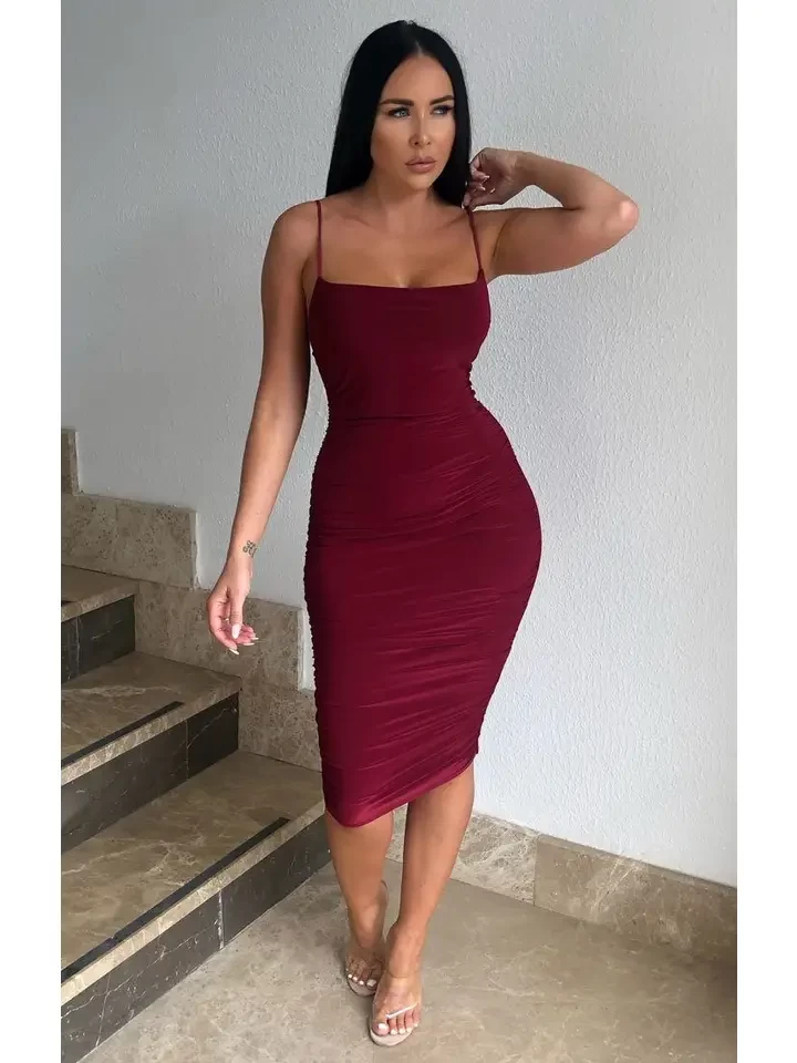 Wine Ruched Midi Bodycon Dress - Taylor