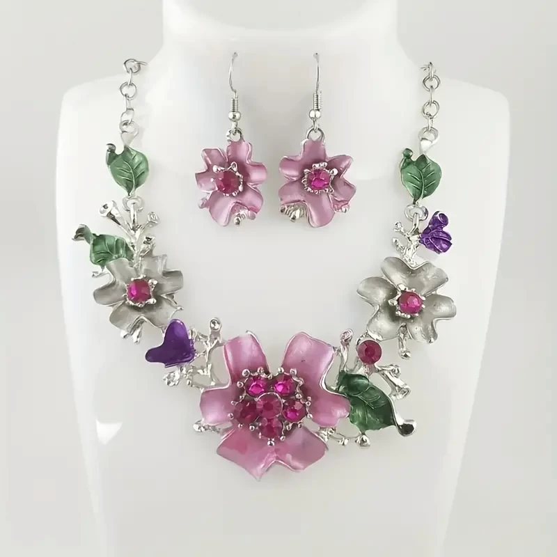 1 Pair Of Earrings + 1 Necklace Elegant Jewelry Set Pink Flower With Gree Leaves Perfect Decor For Summer Vacation Sweet Gift For Girls