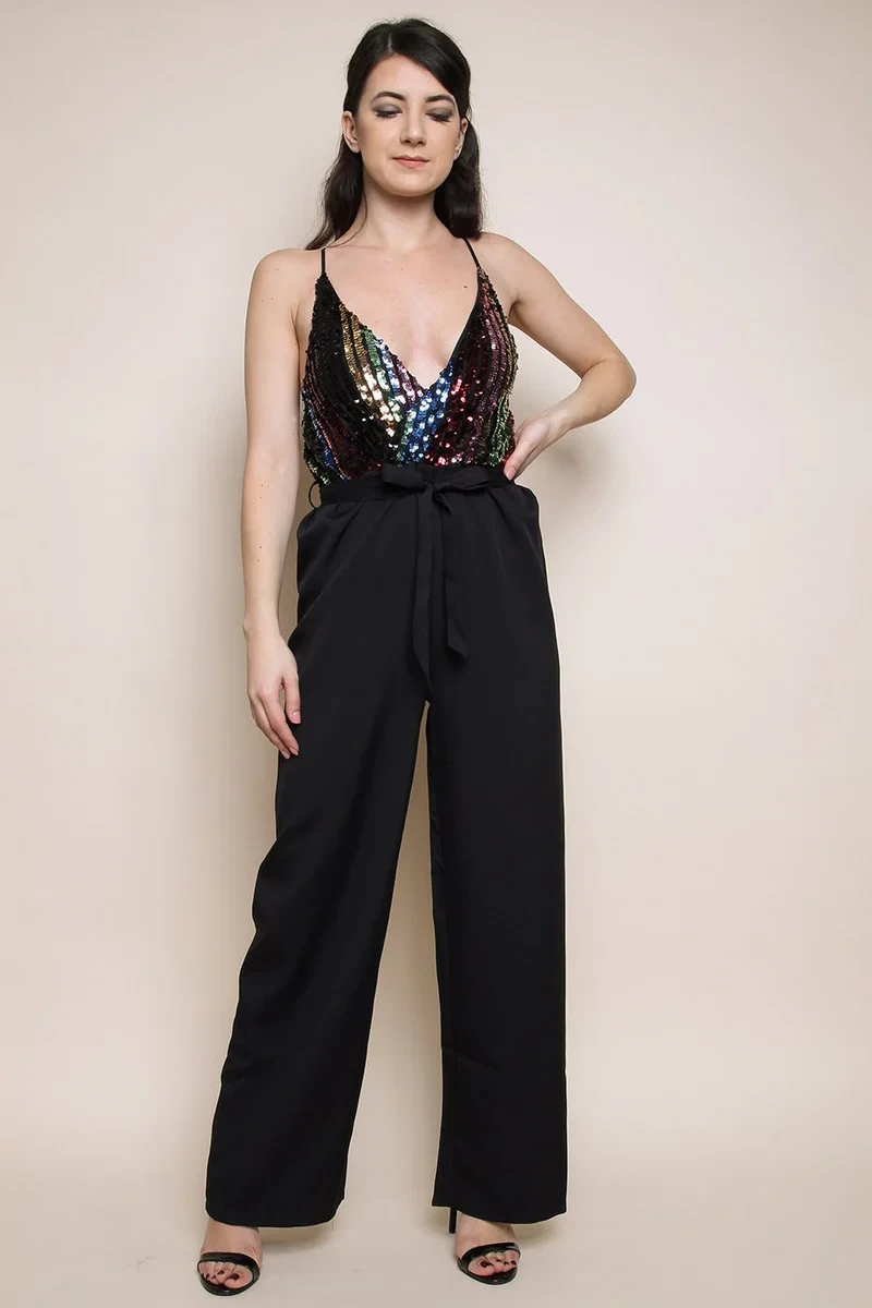 Black Sequin Stripe Wrap Jumpsuit