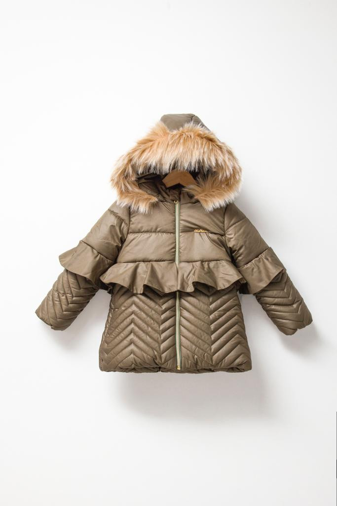 Girls Shiny Hooded Fur Trim Frilly Jacket