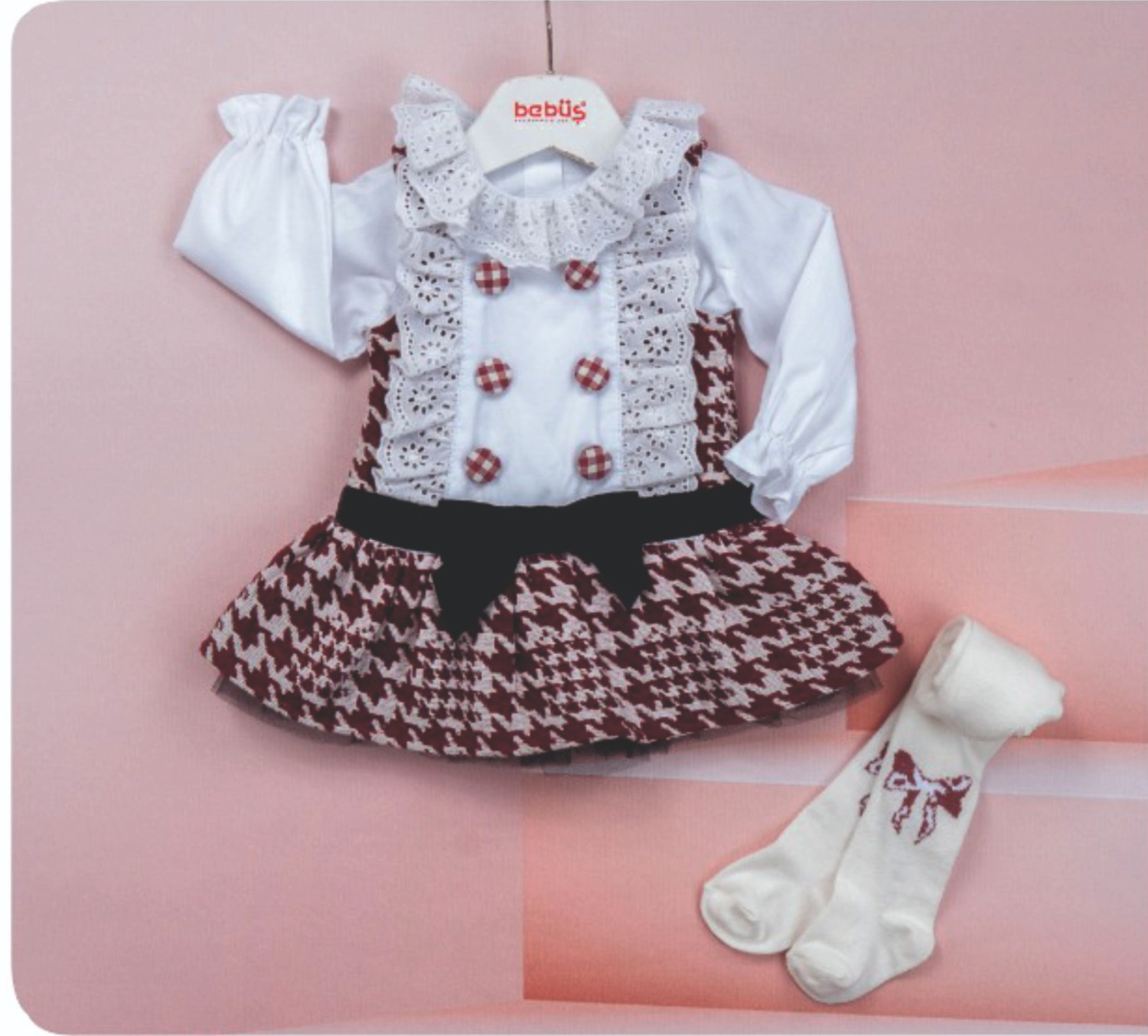 Baby Girls Dogtooth Spanish Bow Dress with Tights (6-18M)