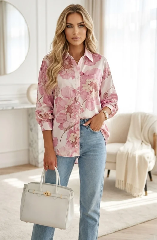 MACEY SATIN OVERSIZED FLORAL BATWING SLEEVE SHIRT TOP-PINK