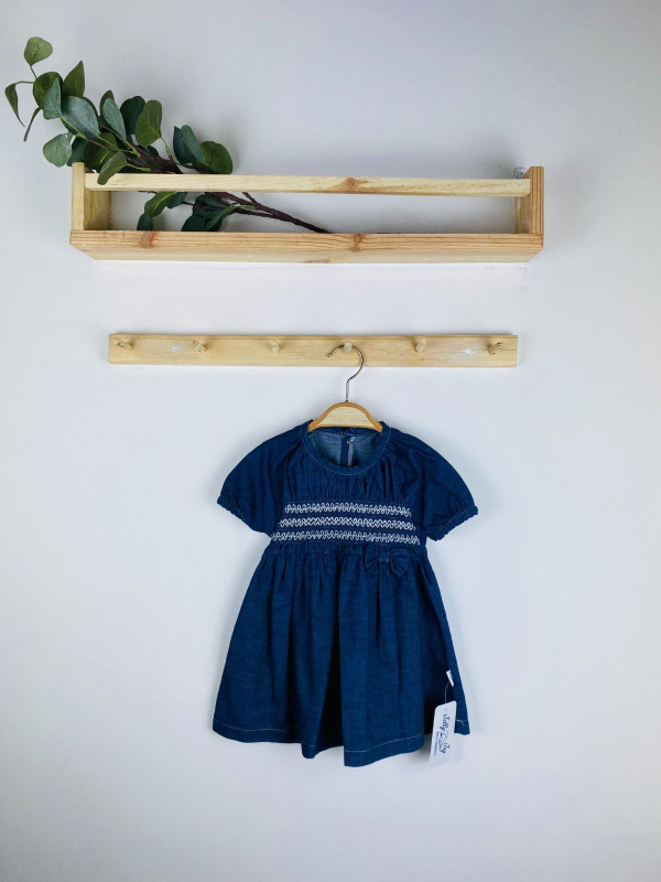 Baby Girls Embroidered Bow Smoked Denim Dress (6-18M)