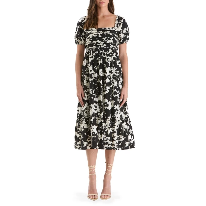 Floral Puff Sleeve Pleated Midi Dress