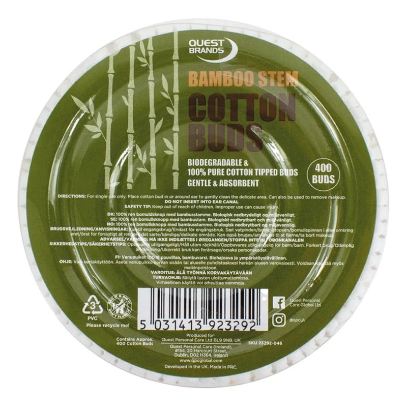 Quest Brands Biodegradable Bamboo Stem Cotton Buds 400Pack