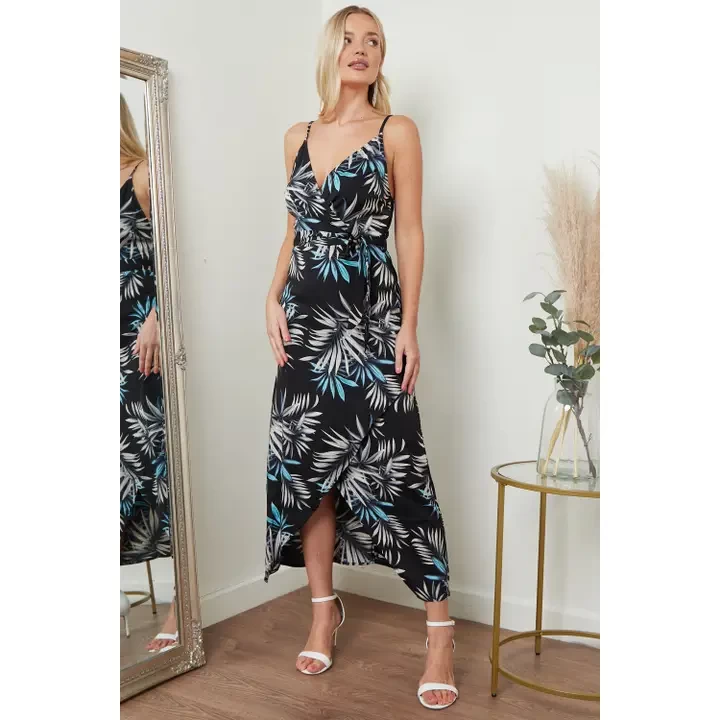 Cami Wrap Midi Dress in Black Palm Print