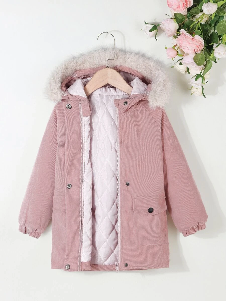 Toddler Girls Flap Pocket Fuzzy Trim Hooded Winter Coat