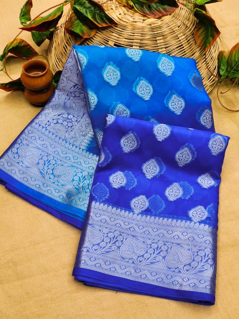 Pure Organza Silk Saree With Tie n Dye Shaded Dyeing in Full Saree With Silver Zari Wooven Pallu With Tassels With All Over Butta Weaves in Saree n Rich Zari Wooven Border With Blouse