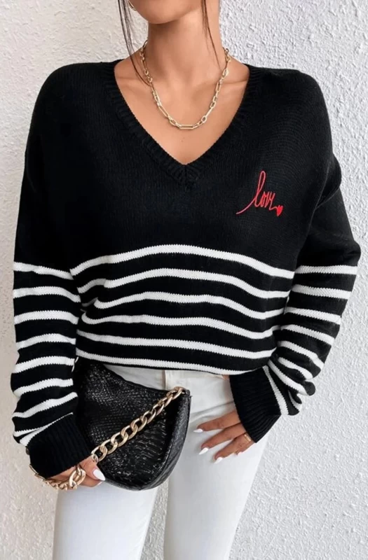 LEAH STRIPED 'LOVE' KNITTED JUMPER SWEATER TOP